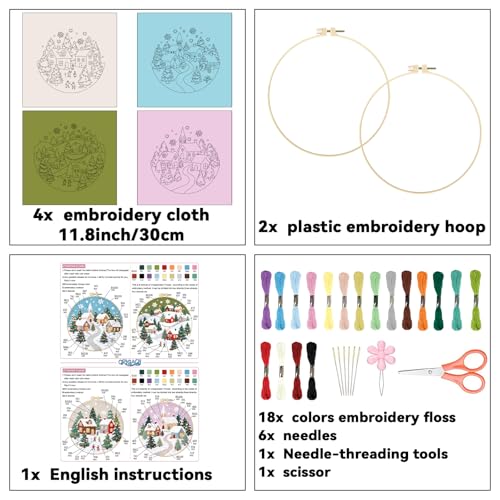 ORIGACH 4 Pcs Christmas Winter Town Embroidery Kit for Beginner - style: Christmas