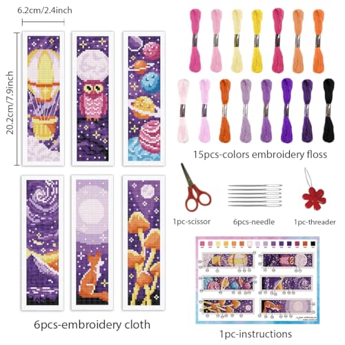 INFUNLY 6pcs Purple DIY Cross Stitch Bookmark Kits 2.4''x7.9'' Owls Stamped Embroidery Bookmark Kit with Instruction Hot Air Balloon Embroidery Bookmark Set with Pre-Printed Pattern for Book Lovers - style: Purple Universe