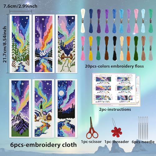ACRNIGHEET 6PCS Cross Stitch Bookmark Kits for Beginners Colorful Aurora - style: Landscape Patterns 6