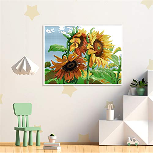 Printed Cross Stitch Kits 11CT 24X19 inch 100% Cotton Holiday Gift DIY Embroidery Starter Kits Easy Patterns Embroidery for Girls Crafts DMC Stamped Cross-Stitch Supplies Needlework Sunflower - color: Stamped 24×18.9 inch