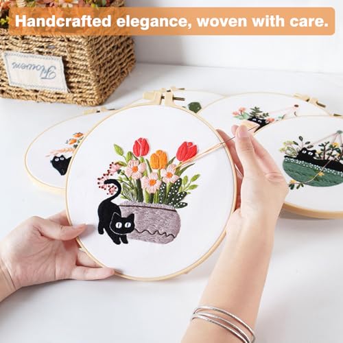 Embroidery Kit for Beginners, Adult Stamped Kits with Cat Floral Patterns