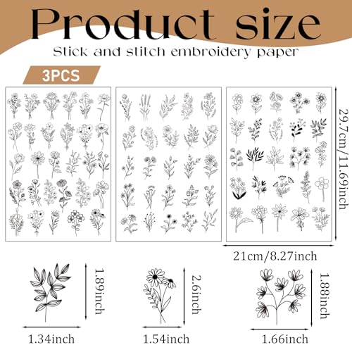 Flower Water Soluble Embroidery Patterns, 3 Sheets 80 Pcs Stick and Stitch Embroidery Papers Wash Away, Transfer Paper with Pre-Printed Floral Leaves Designs for Hand Sewing Lovers Beginners - size: Flowers