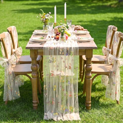 QueenDream Beige Apricot Floral Table Runner 10FT Spring with Embroidery Tulle Wildflower - color: Beige Apricot, size: 27"x120", 3 Pcs