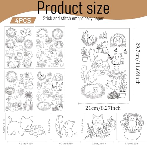 Water Soluble Embroidery Patterns Stabilizers, 4 Sheets Cat Floral Stick and Stitch Embroidery Papers Wash Away, Pre-Printed Cute Animal Transfer Paper Customized Gift for Hand Sewing Lovers Beginners - size: Cat flower