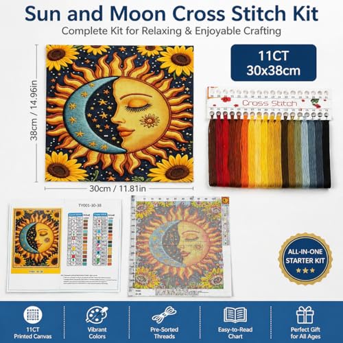 WYBQFDJ Sunflower Sun & Moon Beginner Cross Stitch Kit, 11.8 x 15 in