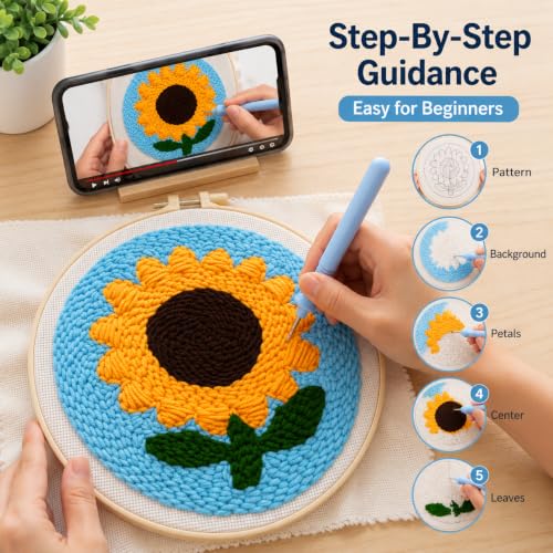 Sunflower Punch Needle Kit for Beginners Adults, with Embroidery Hoop - color: Punch Needle kit-Sunflower