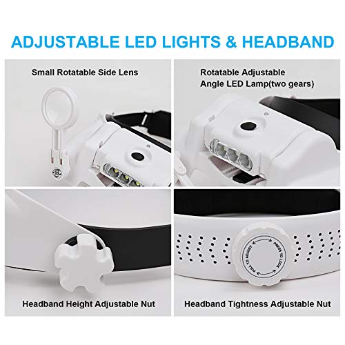 Dilzekui Magnifying Glass with Light 1X-14X, Rechargeable Headset Magnifier - color: White