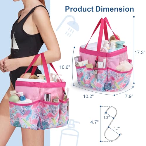 Mesh Shower Caddy Portable - 8 Pockets, S-Hook, Shower Bag for Dorm Camping - color: Pink Flamingo, size: L (Classic Dorm Caddy)