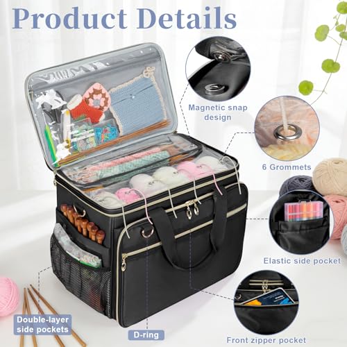 Anitor Large Crochet Bag Knitting Bag Yarn Storage Tote, Yarn Bag, Black - color: black