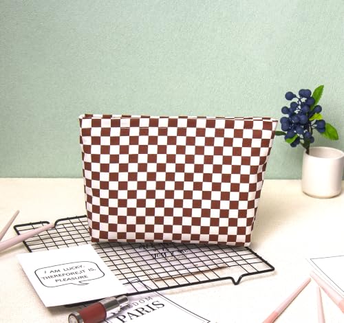 getgto 2 Pcs Makeup Bags, Large Cosmetic Bag Travel Toiletry Bag - color: Brown Checker