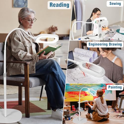 Large Magnifying Glass with Light and Stand, 15X Rectangle Optical Real Glass Lens, Height Adjustable Gooseneck Magnifier Floor Lamp, 5 Color Modes LED Dimmable Lighted Hands Free for Crafts - White - color: White