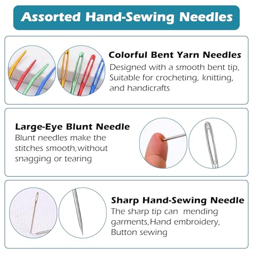 60pcs Large Eye Hand Sewing Needles Kit, Stainless Steel Blunt & Sharp Darning Needles & Bent Tapestry Needles & Embroidery Needle with Case,Perfect for Crochet/Darning/Yarn/Embroidery Projects