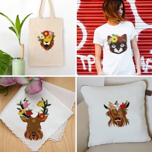 ORIGACH 4 Pack Animals Embroidery Kits for Beginners, DIY Starter Hand Embroidery Kit with Cat Lion Deer Cow Patterns and Instructions for Adults Women Crafting - color: Animals