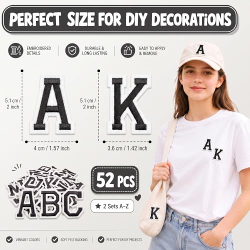 Jongdari Iron on Letters, 52 Pcs Alphabet Patches with Ironed Adhesive, Decorate Repair Patches for Shirts Jackets Hats Jeans Shoes Bags(Black) - color: Black, size: 52 Letters