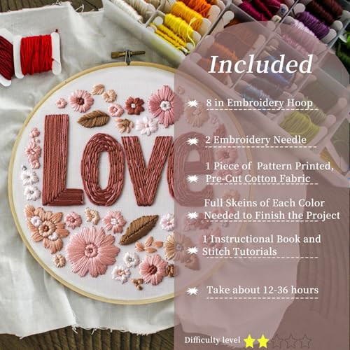 FONNUY I Love You Embroidery Kit for Beginners, Pre-Stamped Pattern Kits, Romantic Anniversary for Women Men, Valentine's Day Gifts Thread Needlework, 8'' Hoop (Love 02) - color: Love 02