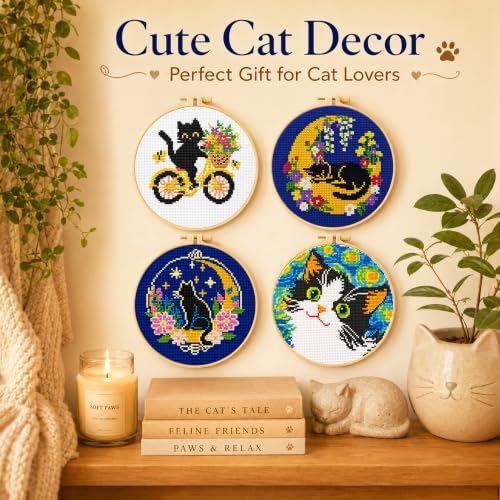 Zhenqing 4 Pack Cat Stamped Cross Stitch Kit for Beginners - color: 4 Pack Cat