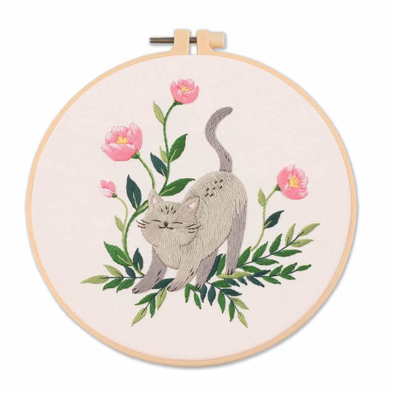Amiiba Embroidery Starter Kit with Stretching Cat Pattern, DIY Full Range Stamped Embroidery Cross Stitch Kits for Beginners Adults (Stretching Cat) - color: Stretching Cat