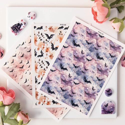 KABAKE Polymer Clay Transfer Paper 4 PCS Colorful Flowers Water Soluble Transfer Sheet for Earrings Jewelry Making - color: Watercolor Bat