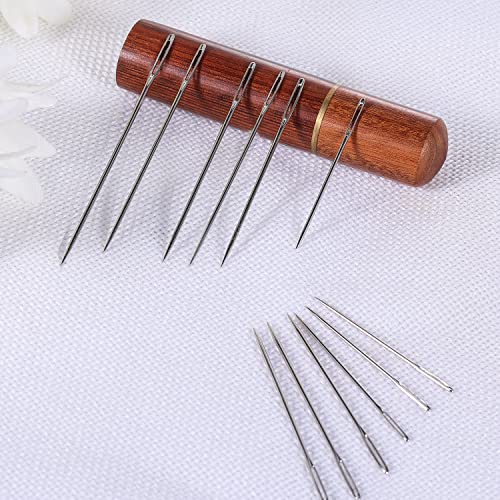 TOYMIS 30pcs Large Eye Sewing Needles, 6 Sizes Tapestry Embroidery Knitting Needles with Wooden Case, Stainless Steel, Brown