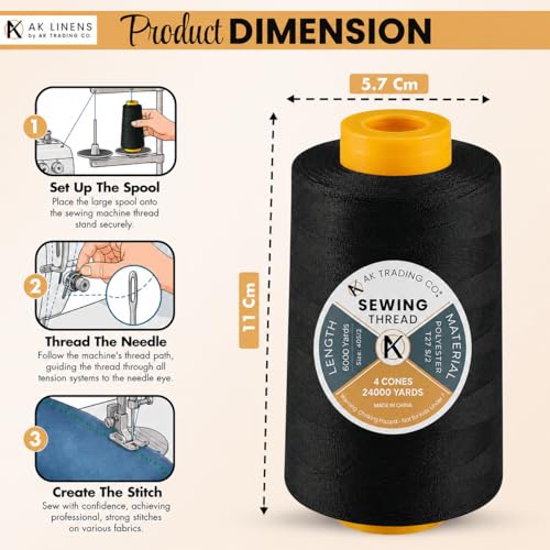 AK Trading 4-Pack Black All Purpose Sewing Thread Cones (6000 Yards Each) of High Tensile Polyester Thread Spools for Sewing, Quilting, Serger Machines, Overlock, Merrow & Hand Embroidery. - color: BLACK