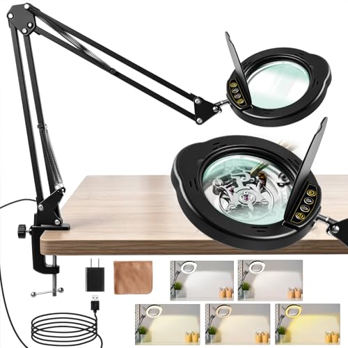 Large 10X Magnifying Glass with Light and Stand, LED Desk Lamp with Clamp, 5 Color Mode, 10 Dimmable Levels, Hands Free for Reading Crafts Jewelry Sewing Close Work - color: Black, size: Large Clamp