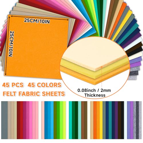 45 PCS Felt Fabric Sheets 10 x 10 Inch 2mm Craft Felt Sheets - size: 10x10in