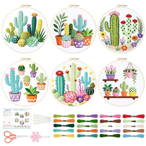 BEUNITONE Cactus Embroidery Kit for Beginners, 6PC Succulent Plant Themed Needlepoint Kits for Adults with Hoops, Threads, Needles, Instructions and Full Kits, DIY Home Decor Craft Gift for Adults - style: Cactus