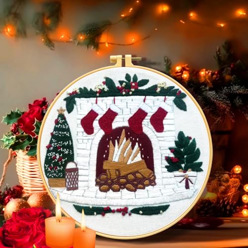 Zhenqing Christmas Embroidery Kit for Beginners - 4 Piece 29x29cm Round Designs with Embroidery Hoop, Threads & Tools (Snowy Cabin, Fireplace, Candy Cane, Holly)(C0066) - style: Snowy Cabin+ Fireplace+Candy Cane+Holly