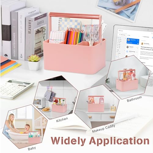 Multipurpose Caddy Organizer with Handle and Adjustable Divider, Portable Art Supply Storage Organizer for Art Craft Supplies, Dorm, Office, Bathroom, Shower, Cleaning, Makeup (Rose Gold)