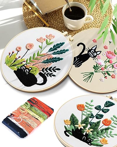 TINDTOP Embroidery Kit for Adults, Embroidery Kit for Beginners Include Embroidery Cloth Hoops Threads for Craft Lover Hand Stitch with Embroidery Skill Techniques (Black Cat) - color: Black Cat