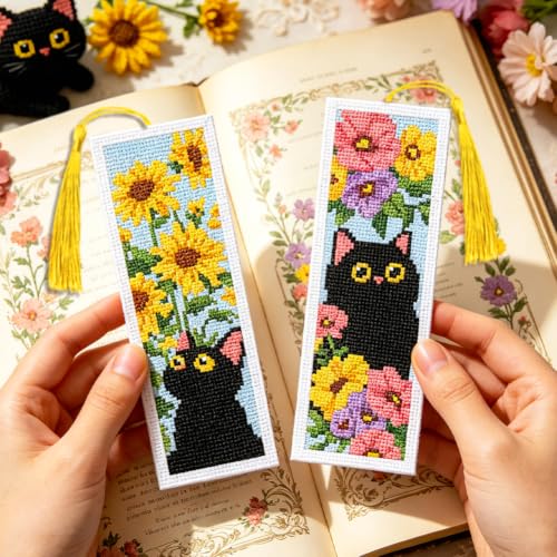 ACRNIGHEET 6PCS Cross Stitch Bookmark Kit for Beginner Stamped Cross Stitch Kits for Adults Cat & Floral DIY Tassel Embroidery Bookmark Kits Needlepoint Kit with Instructions Craft Gift 8.5''x3'' 11CT - style: Black Cat Floral with Tassel