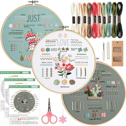 FEIYUENO 3 Sets Just-Love-Life Plant Beginner Embroidery Kit for Adults - color: Plant-2