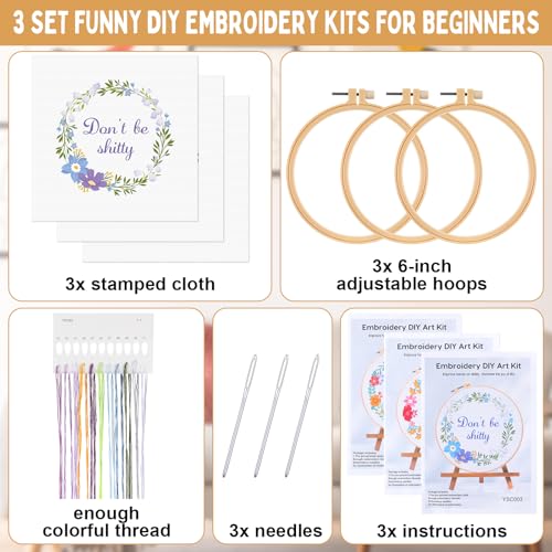 Daifunli 3 Sets Funny DIY Embroidery Kits for Beginners Adults - style: Floral