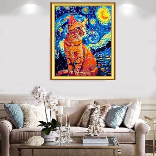Foxnyart Stamped Cross Stitch Kits Full Range of Embroidery Needlework Starter Kits for Beginners Adults 11CT Embroidery Patterns Art Crafts DIY Needlepoint Kit-Van Gogh Starry Cat 16x20 inchs - color: DIYcolor15