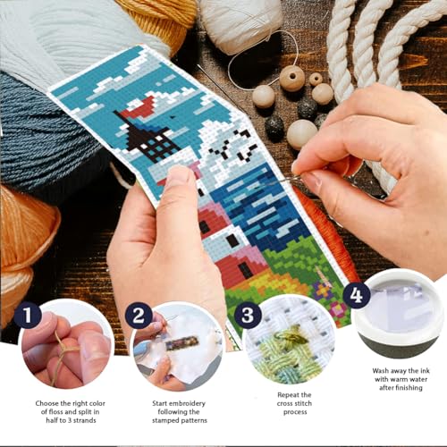 BEUNITONE Cross Stitch Kit Bookmark Scenery Landscape Cross Stitch Kits Bookmark Crossstitch Kits 8''x2.4'' Stamped Embroidery Bookmarks for Adults Beginners 6Pcs - style: Landscape