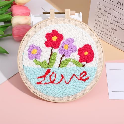 Allazone 4 PCS Punch Needle Kit, Embroidery Kit for Beginners Adults, Punch Needle Embroidery Kit, Handcraft Punch Needle Kits, Love and Flowers - color: love