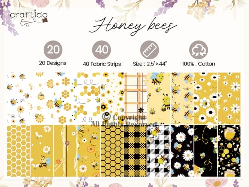 Craftido-20 Options-100% Cotton Jelly Roll Fabric Precut Strips for Quilting, Crafting, and Sewing, 40 Strips 2.5" x 44" Assorted Bundles for Rugs, Quilts, DIY Crafts and Home Decor-Honey Bees - color: Honey Bees