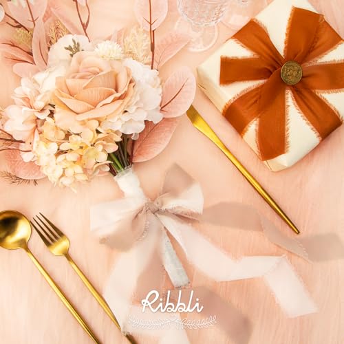 Ribbli Fall Chiffon Ribbon 1.5 inch x 30 Yard Handmade Silk, Cream/Beige/Terracotta Fringe Chiffon Ribbon for Wedding Invitations, Bridal Bouquets Wrapping, Flower Arrangement Decoration - color: Cream/Beige/Terracotta