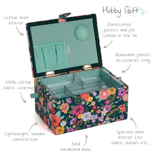 Hobby Gift Medium Sewing Box Organiser, Fabric Covered Storage Box with Handle, Internal Tray, Pin Cushion and Pocket for Sewing, Quilting and Knitting Supplies - color: Floral Garden