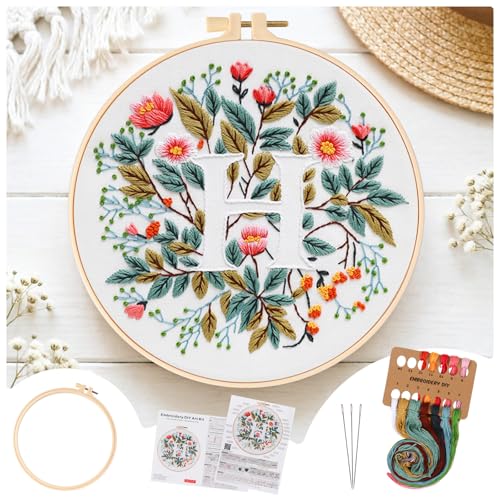 Zerzsy 7.87 '' Embroidery Kits Plant Flower Leaf English Letter Patterns for Beginners Adults, Easy to Learn Cross Stitch Kit for Home Office Decor - color: Letter H