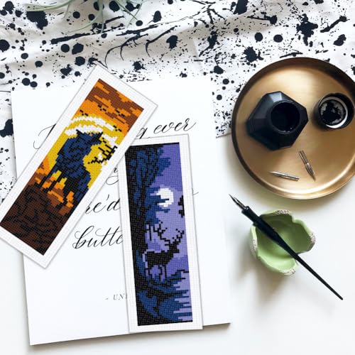 BEUNITONE 6 Pcs Cross Stitch Bookmark Kit for Beginner Black Moon Animals Counted Cross Stitch Kit with Instruction Stamped Embroidery Bookmarks Handmade for DIY Crafts Book Lovers 8.5''x3'' - style: Animal and Night Scene