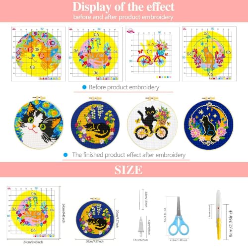 Zhenqing 4 Pack Cat Stamped Cross Stitch Kit for Beginners - color: 4 Pack Cat
