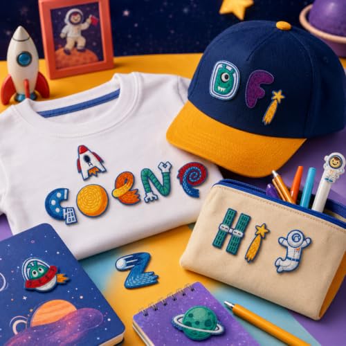 Cinrobiye 41 Pcs Outer Space Patches Self Adhesive Cute Astronaut A to Z Alphabet Applique Galaxy Spaceship Rocket Chenille Letter Patches Stick on for Clothing Hats Bags Fabric DIY Crafts - style: Astronaut