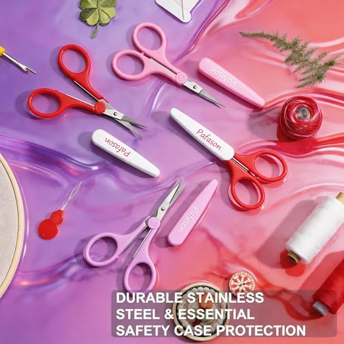 PAFASON Small Travel Sewing Crafting Scissors Set Straight Curved Tip - color: Straight 4in Pinkpurple + Curved 3.5in Red