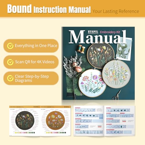 ETSPIL Embroidery Kit for Beginners, 2 Hoops, 4K Video, 4 Floral Patterns - color: flower A4