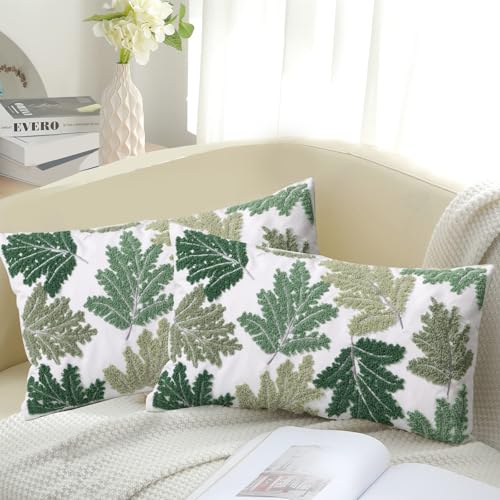 Set of 2 Embroidered Decorative Throw Pillow Covers Couch Square Pillowcases Cushion for Bedroom Sofa Farmhouse Decor 18x18 Inch (Green Maple Leaf-Lumbar) - color: Green Maple Leaf-lumbar