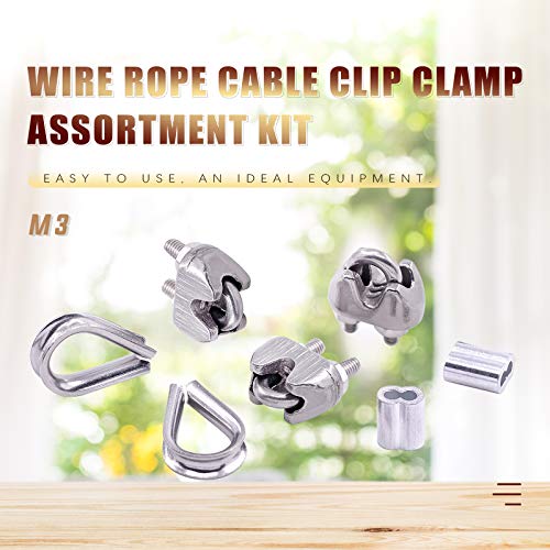Swpeet 24Pcs M3 (5/16") Wire Rope Accessory Set, Included M3 Wire Rope Cable Clip Clamp, M3 Stainless Steel Thimble, 3mm Aluminum Crimping Loop Sleeve Perfect for 1/8 inch Wire Rope Cable (M3) - size: M3