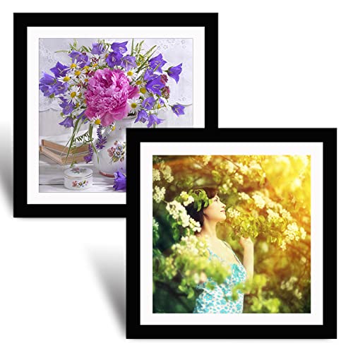 Betionol Diamond Painting Frames Set of 2, Display 12x12in/30x30cm Diamond Painting Pictures or Photos, Black Natural Solid Wood Picture Frame with Acrylic Protection Glass, Back Mat And Hanging Kit - style: Black - Double