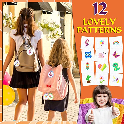 ZOCONE 12 PCS Cross Stitch Kits for Kids 7-13, Beginner Kits with Instructions, Keychains, Embroidery Hoops and Tools, Backpack Charms, Cross Stitch Ornaments