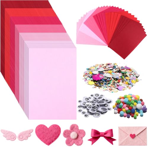 gisgfim 42Pcs Valentine's Day Pink Felt Fabric Sheets Craft Kit 8 x 12 Inch Assorted Soft Red Pink Felt Pack with Wiggle Eye Stickers Pom Poms Glitter Craft Supply for DIY Sewing Creative Art Project - style: Pink Series